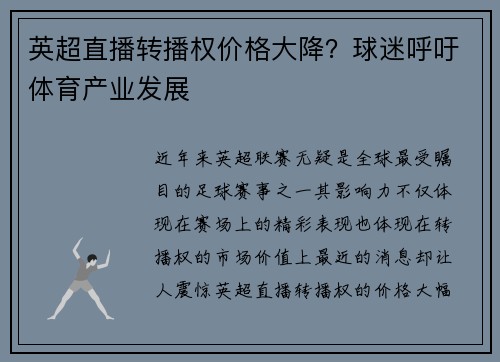 英超直播转播权价格大降？球迷呼吁体育产业发展
